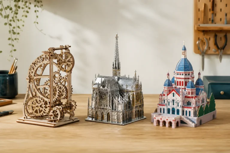 Puzzle 3D bois, maquette métal et monument en carton comparés sur une table d’atelier