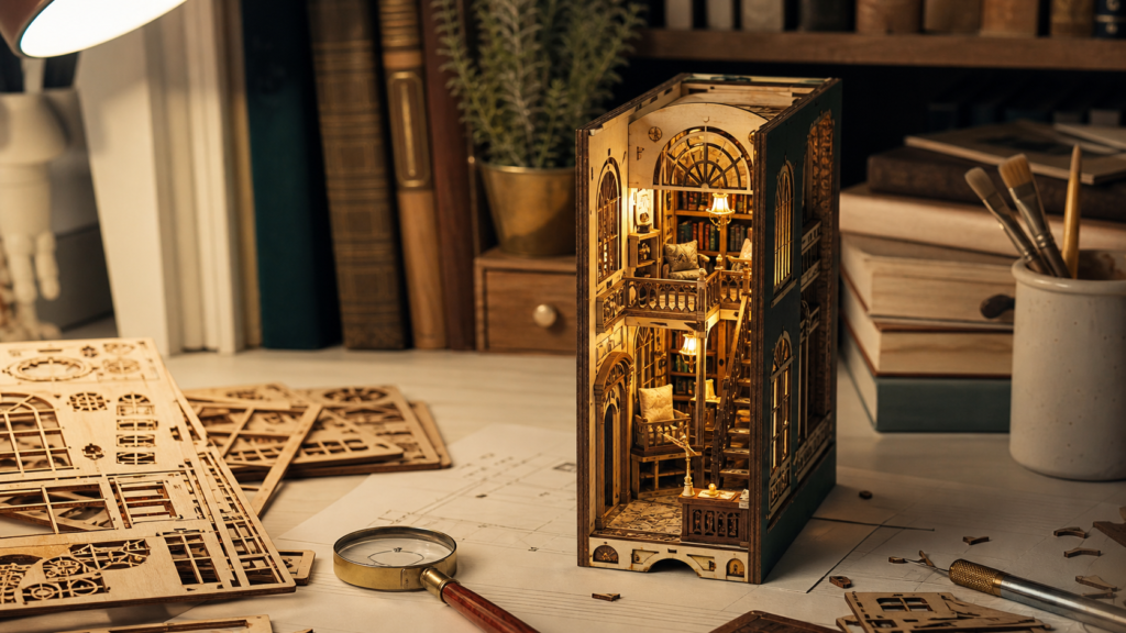Scène miniature type book nook lumineux en bois posée entre des livres