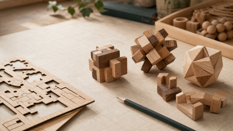 Casse-têtes bois 3D et formes géométriques en bois sur un plan quadrillé