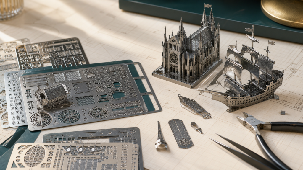 Plaques prédécoupées et maquettes métal 3D de monument et bateau sur plan de montage