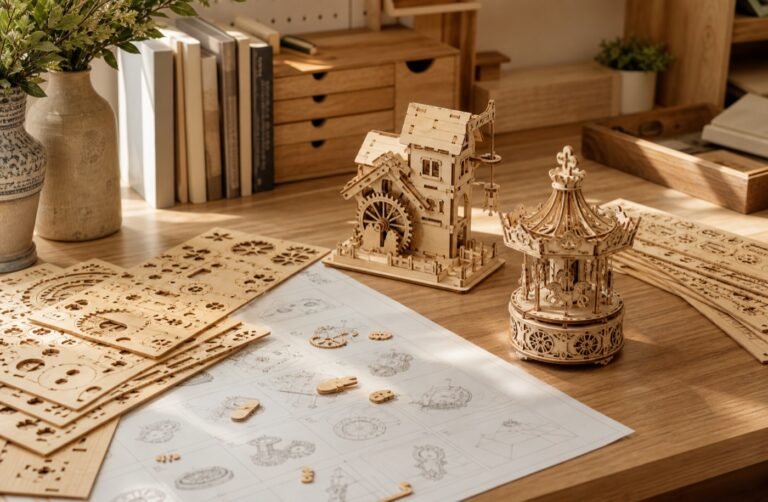 Puzzle 3D bois adulte avec pièces découpées, notice de montage et objets assemblés