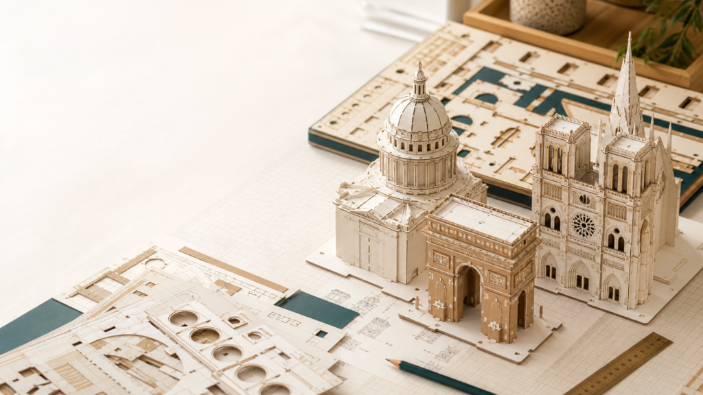 Monuments et bâtiments en puzzle 3D carton ou plaque mousse sur un plan de montage