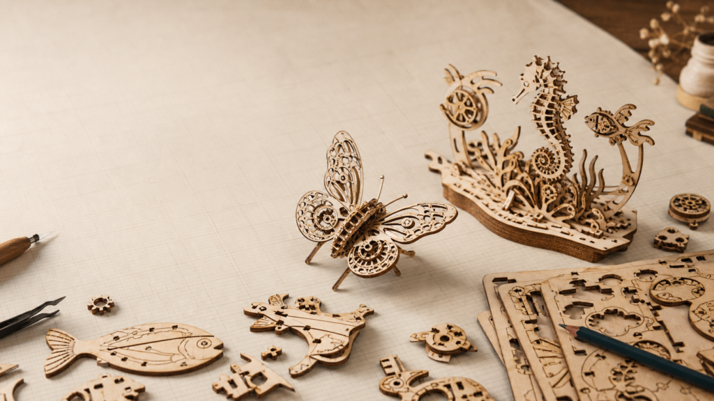 Papillon, hippocampe et pièces de puzzle 3D animaux en bois sur un plan de montage