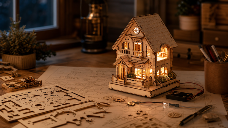 Maison miniature en bois avec éclairage LED sur table de montage