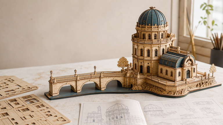 Maquette 3D architecture en bois avec observatoire et pont miniature