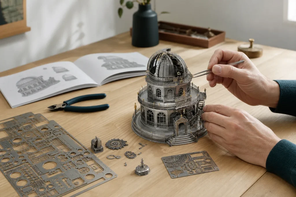 Montage d’une maquette métal 3D avec une pince de précision