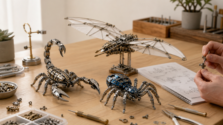 Scorpion, araignée et ornithoptère mécaniques en métal sur une table de montage