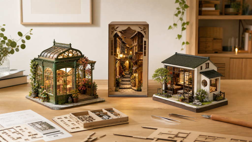 Trois maquettes miniatures lumineuses à construire pour adulte sur une table d’atelier