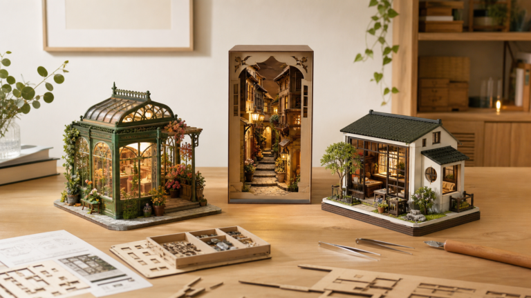 Trois maquettes miniatures lumineuses à construire pour adulte sur une table d’atelier