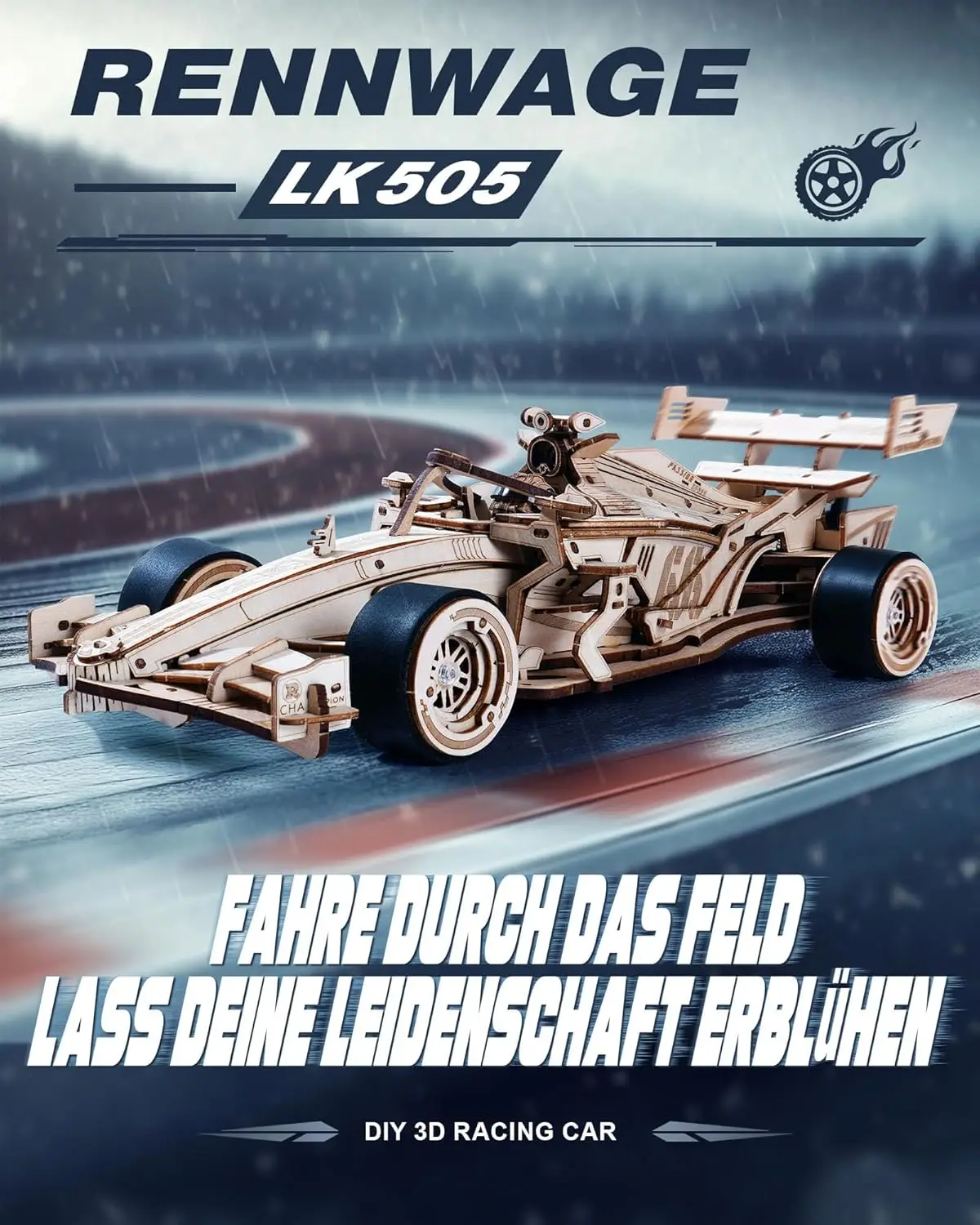 Voiture de course ROKR LK505 en bois — vue du modèle 2